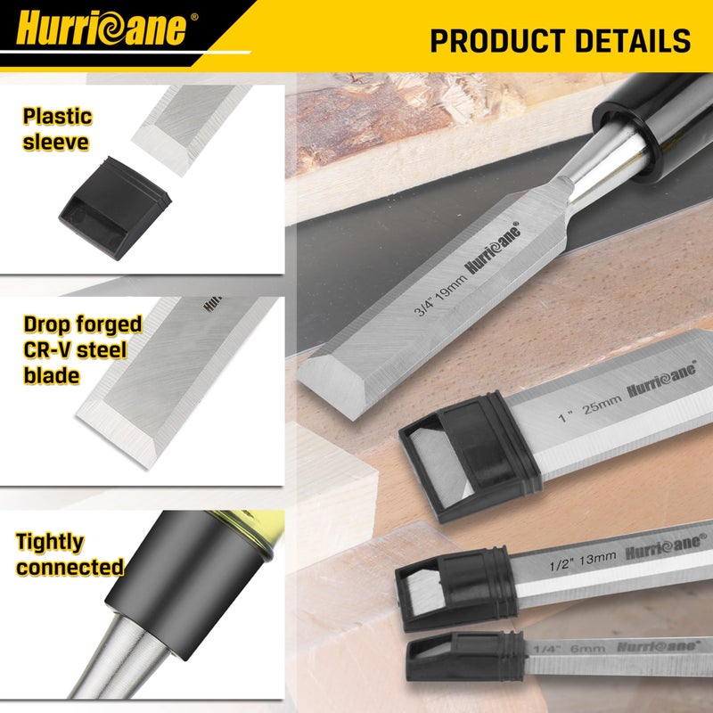 Hurricane مجموعة أدوات نحت الخشب HURRICANE 4 قطع. شفرات حواف مائلة من فولاذ CR-V مع أغطية أمان. مقبض من PVC عالي التأثير، للنحت الدقيق ومشاريع DIY (1/4"، 1/2"، 3/4"، 1") - Image 3